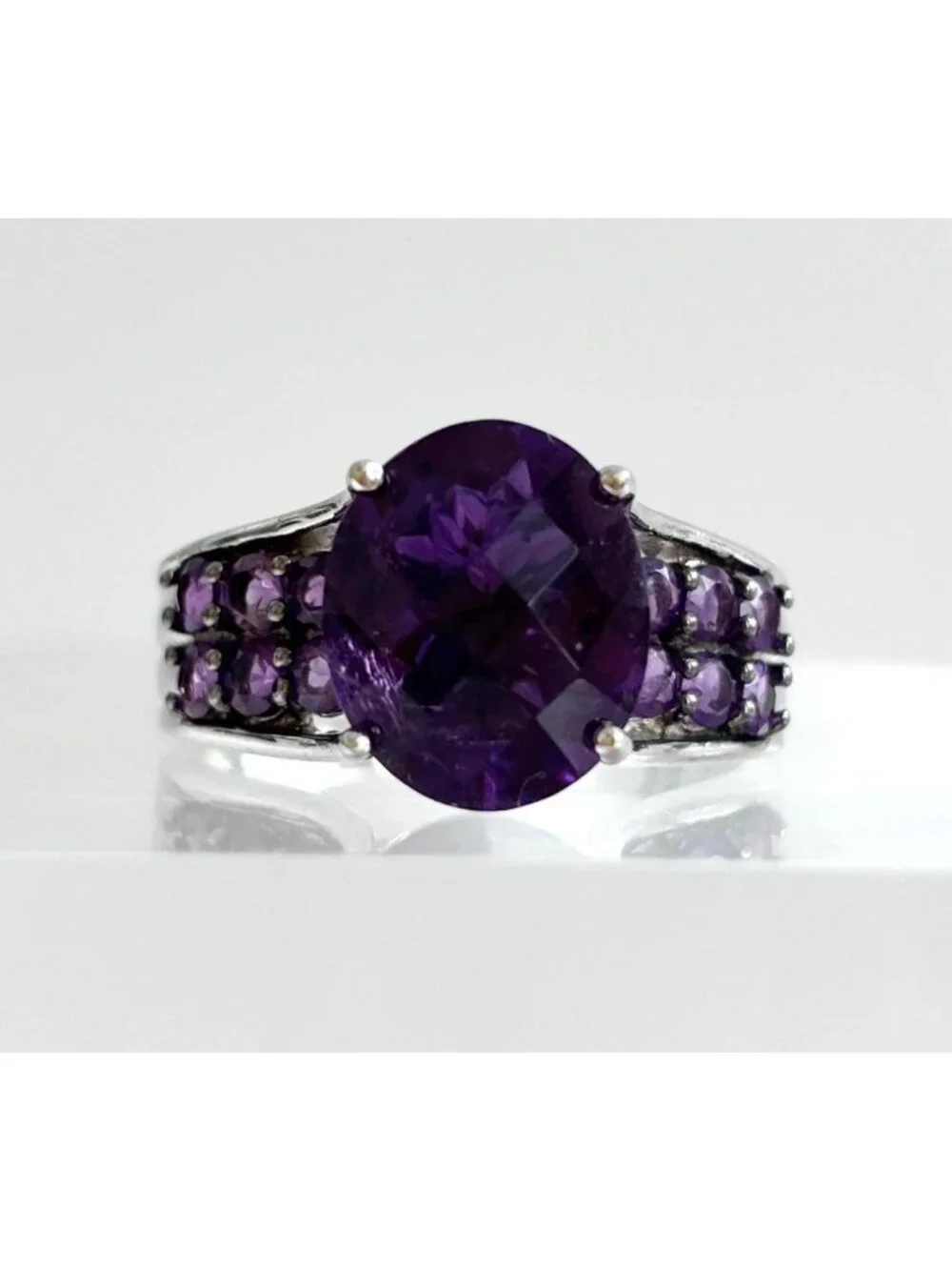 Multi Gemstone Amethyst Jumbo Sterling Silver 925 Vintage Ring - sz 9